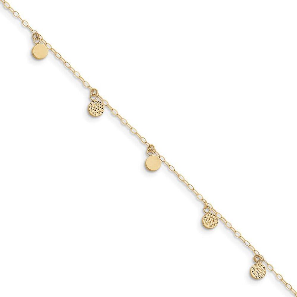 14k Yellow Gold 2mm Open Link And Hollow Dangle Circle Anklet, 9-10 In